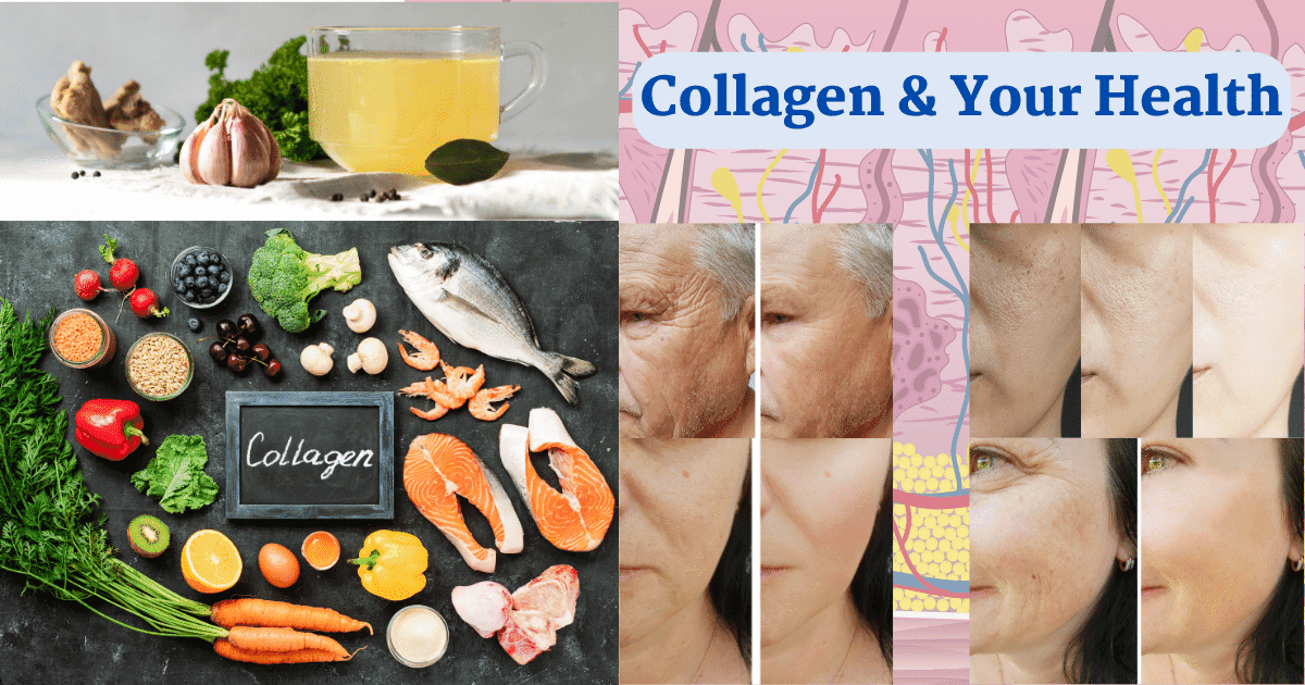 In the upper corner is a bowl of golden bone broth. Below is a colourful array of fruit, vegetables, and fish. On the right are before and after pictures of collagen's positive effect on the skin